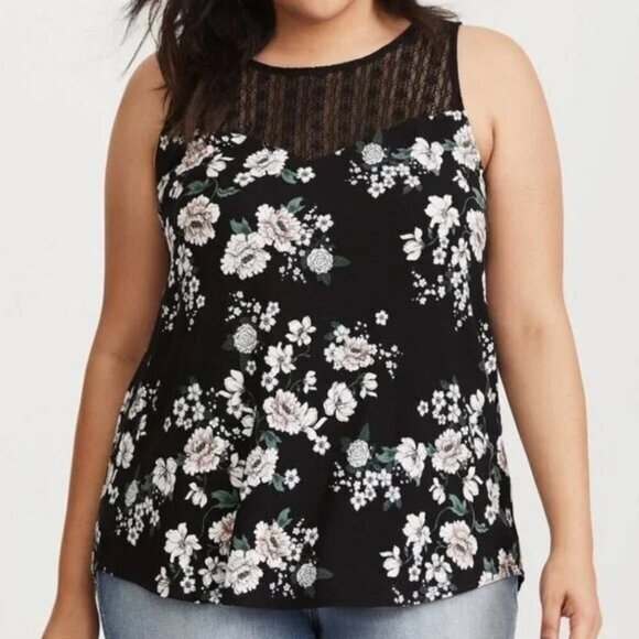 TORRID 1 Plus Size Super Soft Crew Neck Lace Yoke Tank Black Pink Yellow Floral - Picture 3 of 16